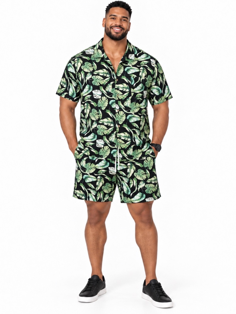 Trunks Surf & Swim SZ XXL Green/Black Tropical Leaf Swim Board Short Set
